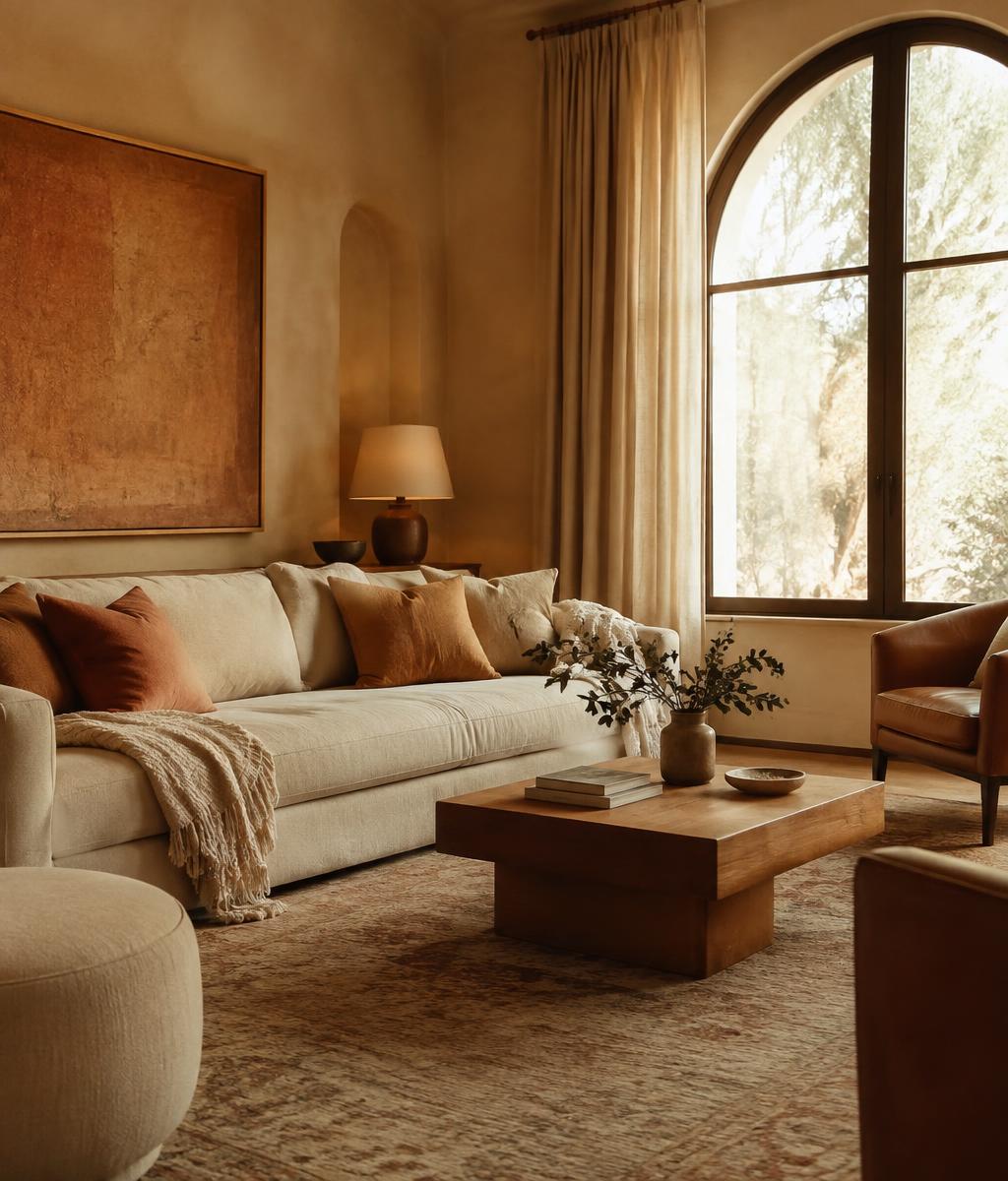 Warm editorial living room with linen sofa and arched window