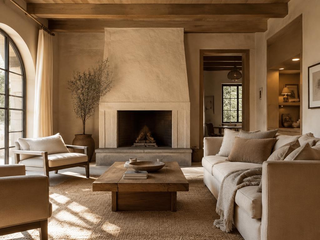 Renovated living room with plaster fireplace and warm neutral décor