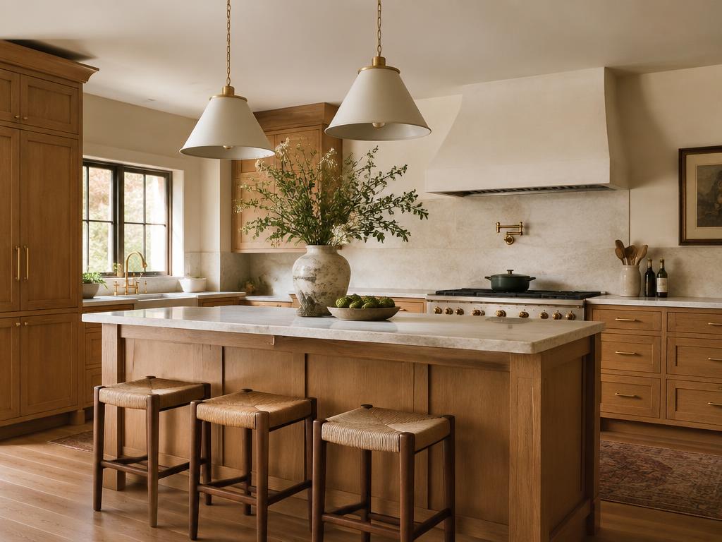 Remodeled kitchen with oak cabinets and cream stone island