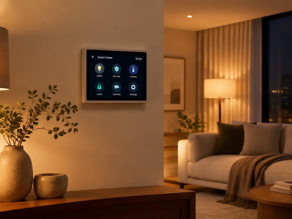 Warm living room with a wall-mounted smart home control panel